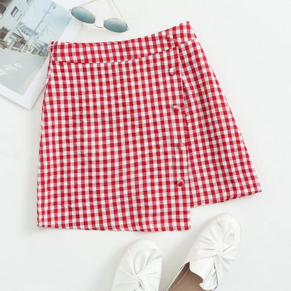 

Button Front Buffalo Plaid Wrap Asymmetrical Skirt, Red