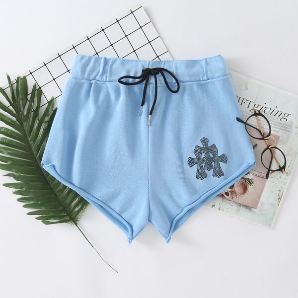 

Rhinestone Detail Drawstring Waist Shorts, Baby blue