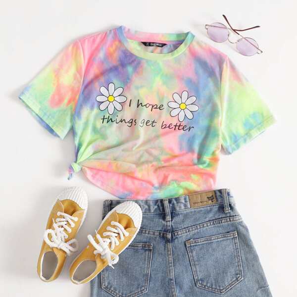 

Daisy and Slogan Graphic Tie Dye Tee, Multicolor