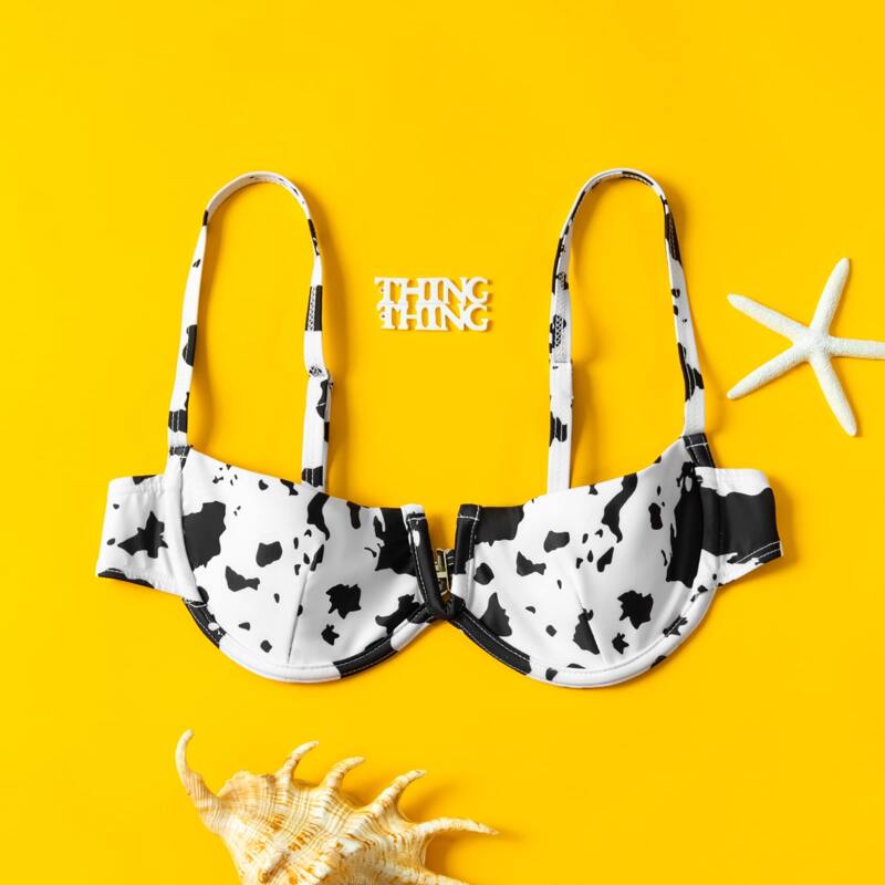 

Cow Print V Wired Underwire Bikini Top, Black and white