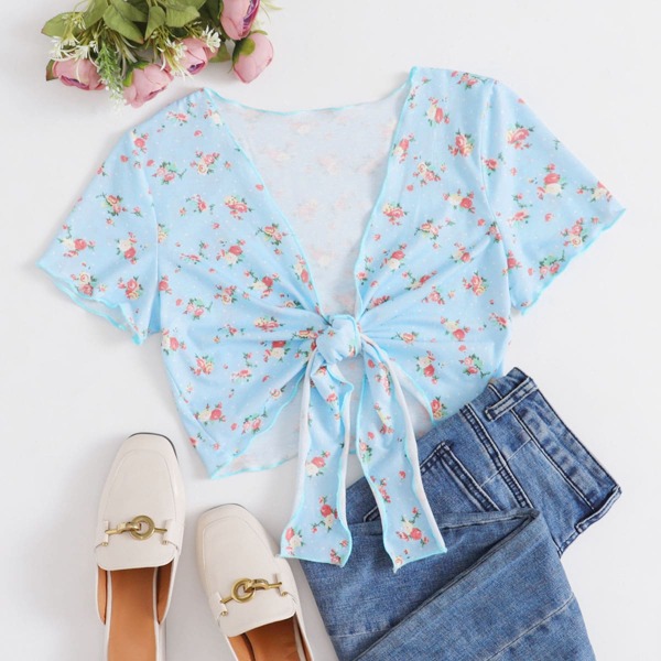 

Floral Print Tie Front Top, Pastel baby blue