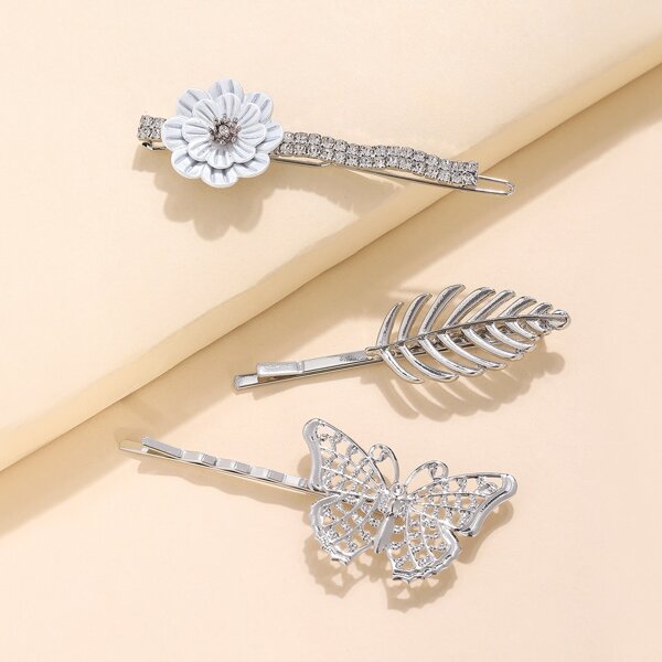 

3pcs Butterfly Decor Bobby Pin, Silver