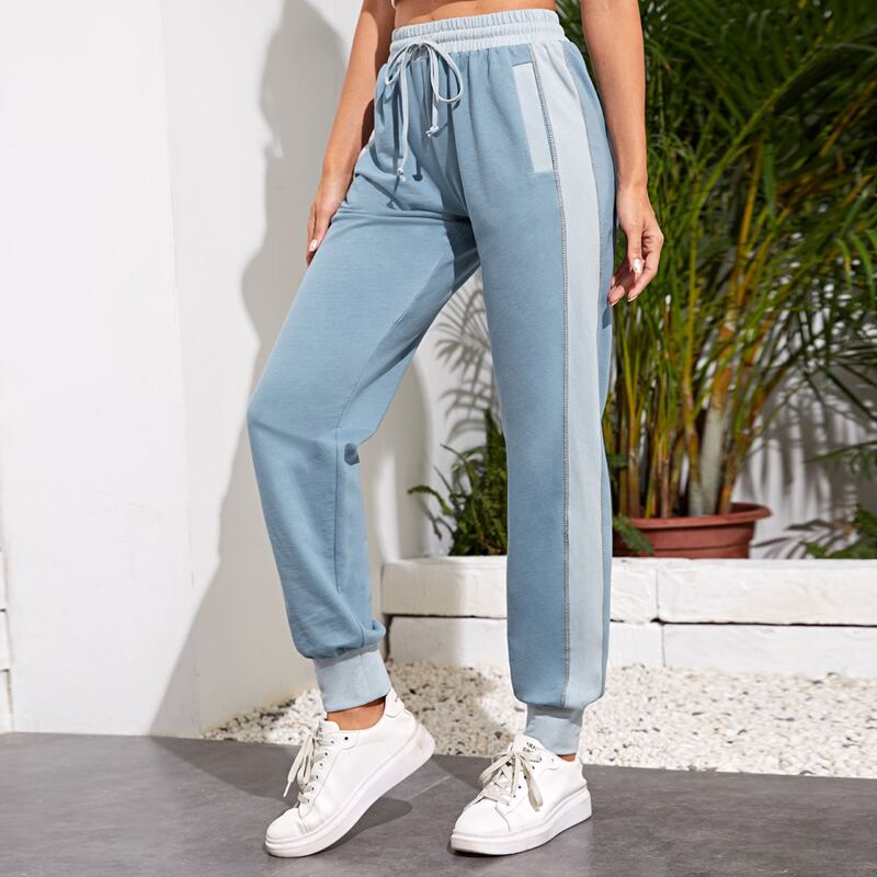 

Contrast Panel Knot Front Sports Pants, Dusty blue