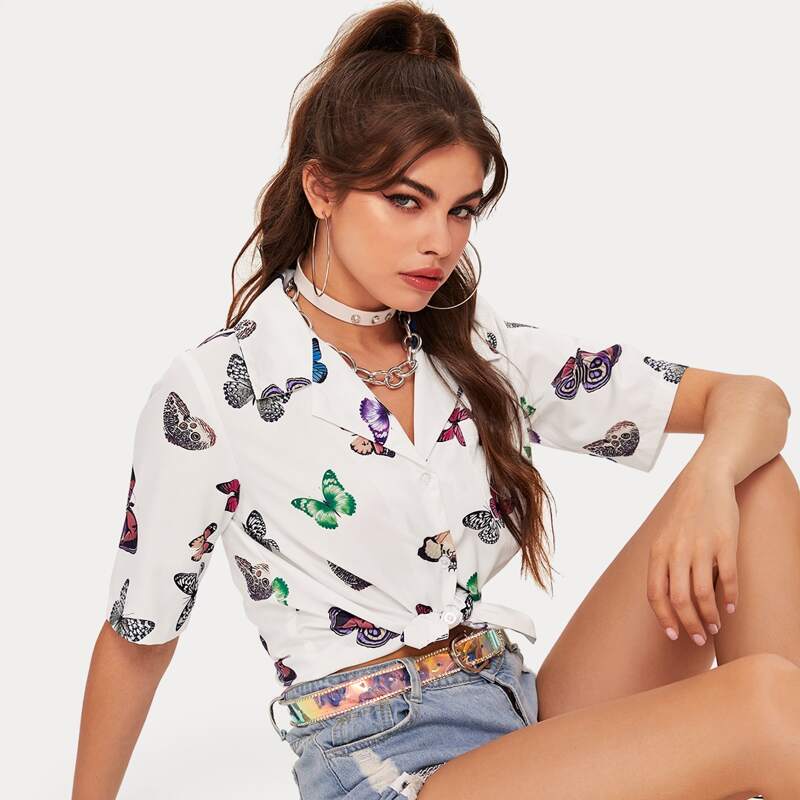 

Butterfly Print Pocket Shirt, White