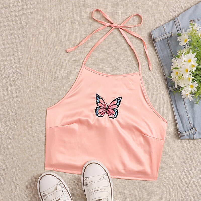 

Butterfly Embroidery Halter Top, Coral pink
