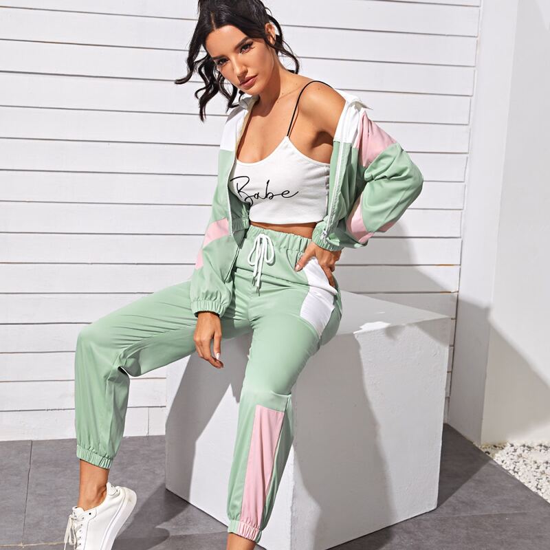

Colorblock Crop Jacket & Sports Pants, Lime green