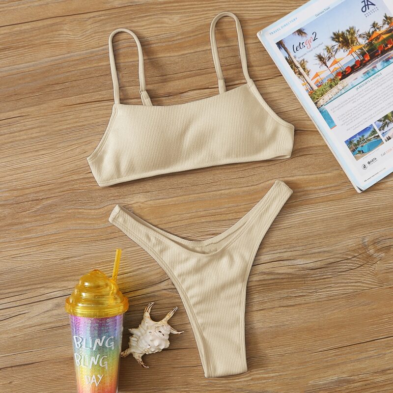 

Ribbed High Leg Cami Bikini Swimsuit, Khaki