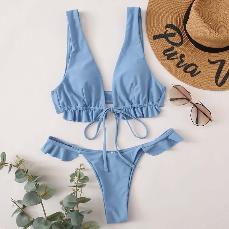 

Drawstring Front Frill Bikini Swimsuit, Blue