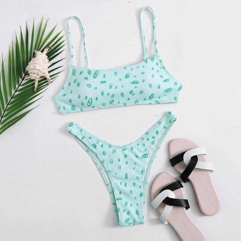 

All Over Print High Leg Bikini swimsuit, Mint green