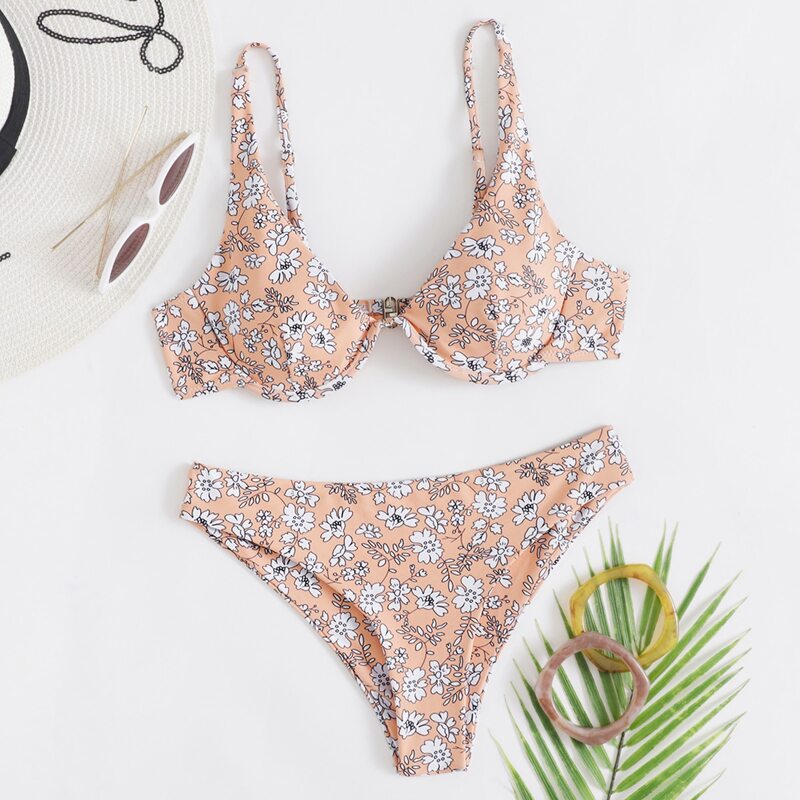 

Floral Print Underwire Bikini Swimsuit, Multicolor