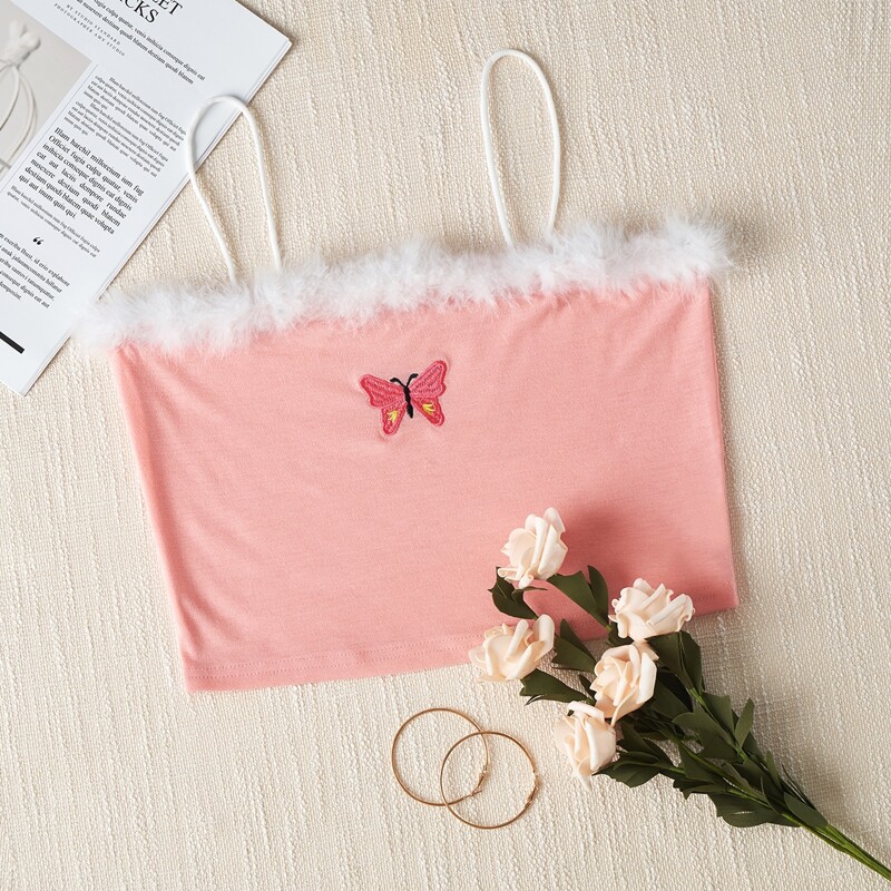 

Fluffy Trim Butterfly Embroidery Cami, Coral pink