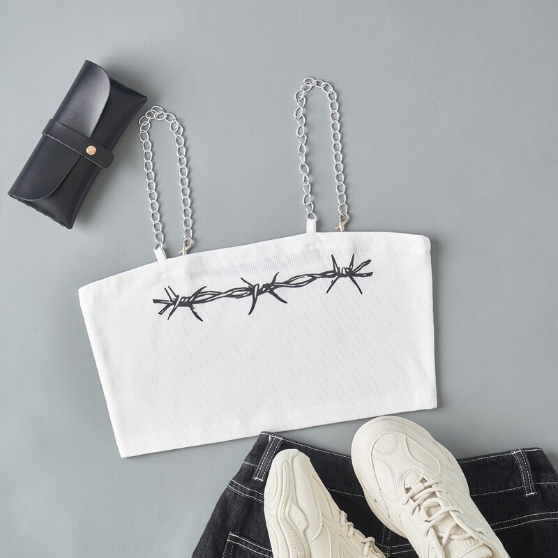 

Graphic Print Chain Straps Cami, White