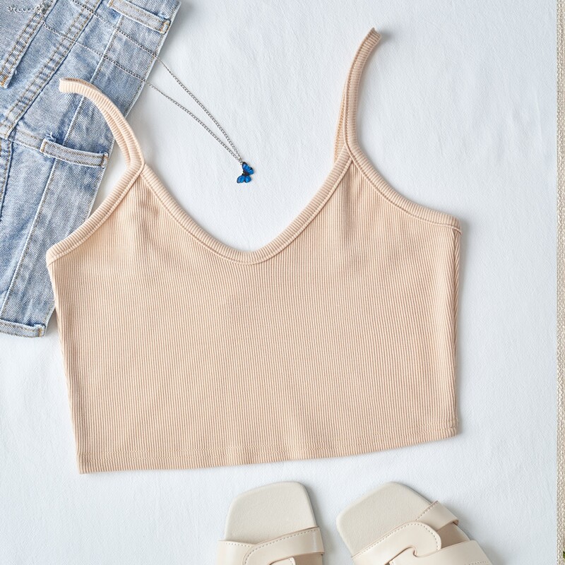 

Ribbed Crop Cami Top, Beige
