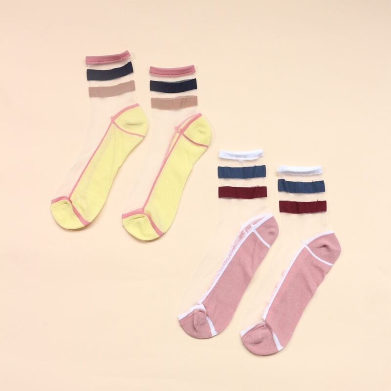 

2pairs Striped Mesh Panel Socks, Multicolor
