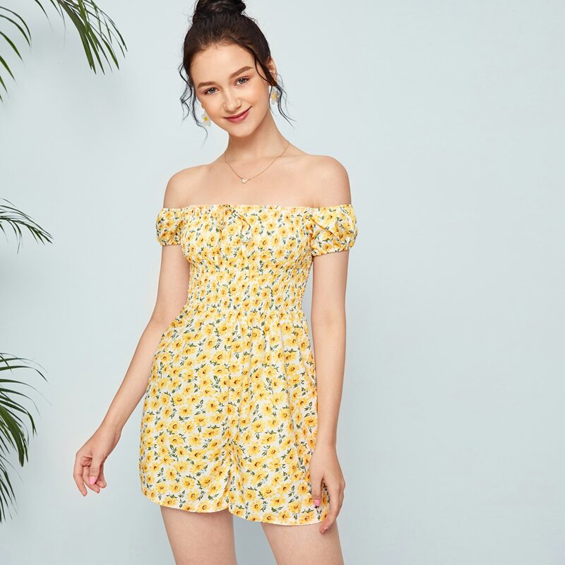 

Floral Shirred Romper, Yellow
