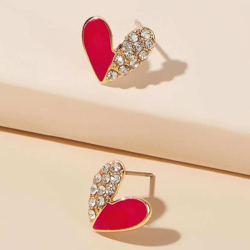 

1pair Rhinestone Heart Stud Earrings, Red