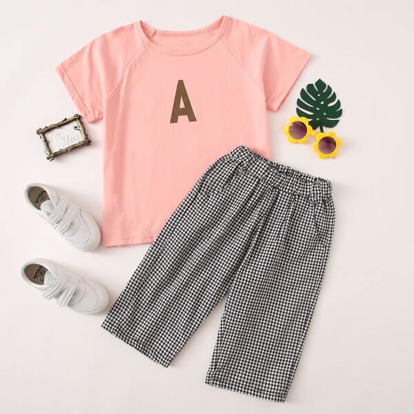 

Girls Letter Graphic Tee & Gingham Pants, Multicolor