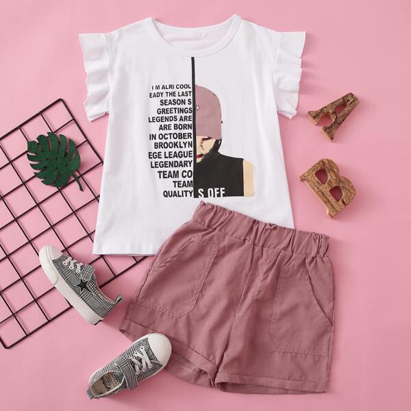 

Girls Slogan Graphic Tee & Shorts, Multicolor