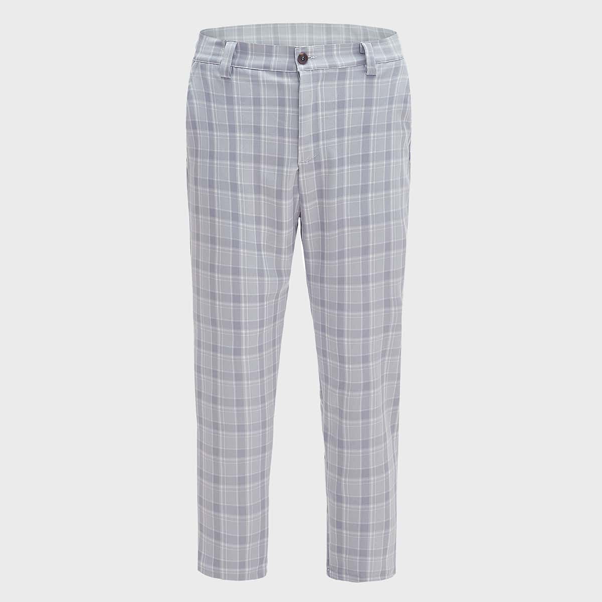 

Guys Plaid Button Fly Tailored Pants, Light grey
