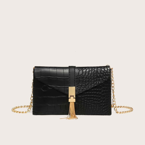 

Tassel Decor Croc Embossed Crossbody Bag, Black