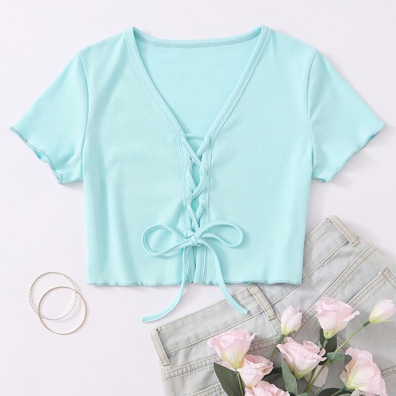

Solid Lace Up Crop Top, Mint blue