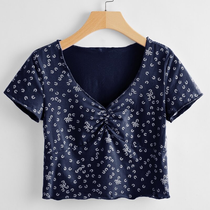 

Ditsy Floral Ruched Crop Top, Navy blue