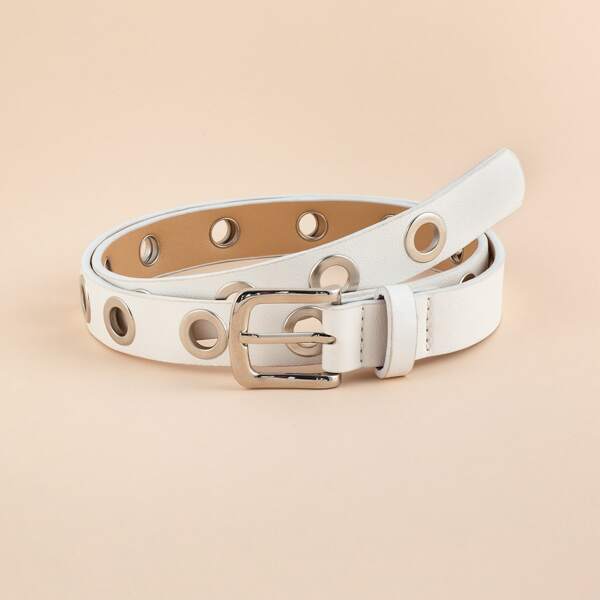 

Eyelet Decor Buckle Belt, White