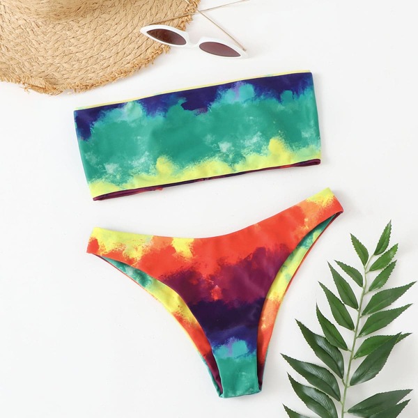 

Tie Dye Lace-up Bandeau Bikini Swimsuit, Multicolor
