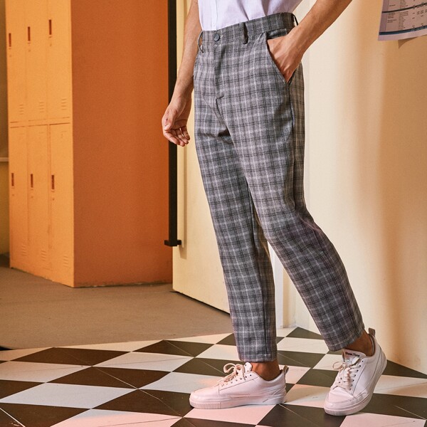 

Men Plaid Button Fly Tailored Pants, Grey