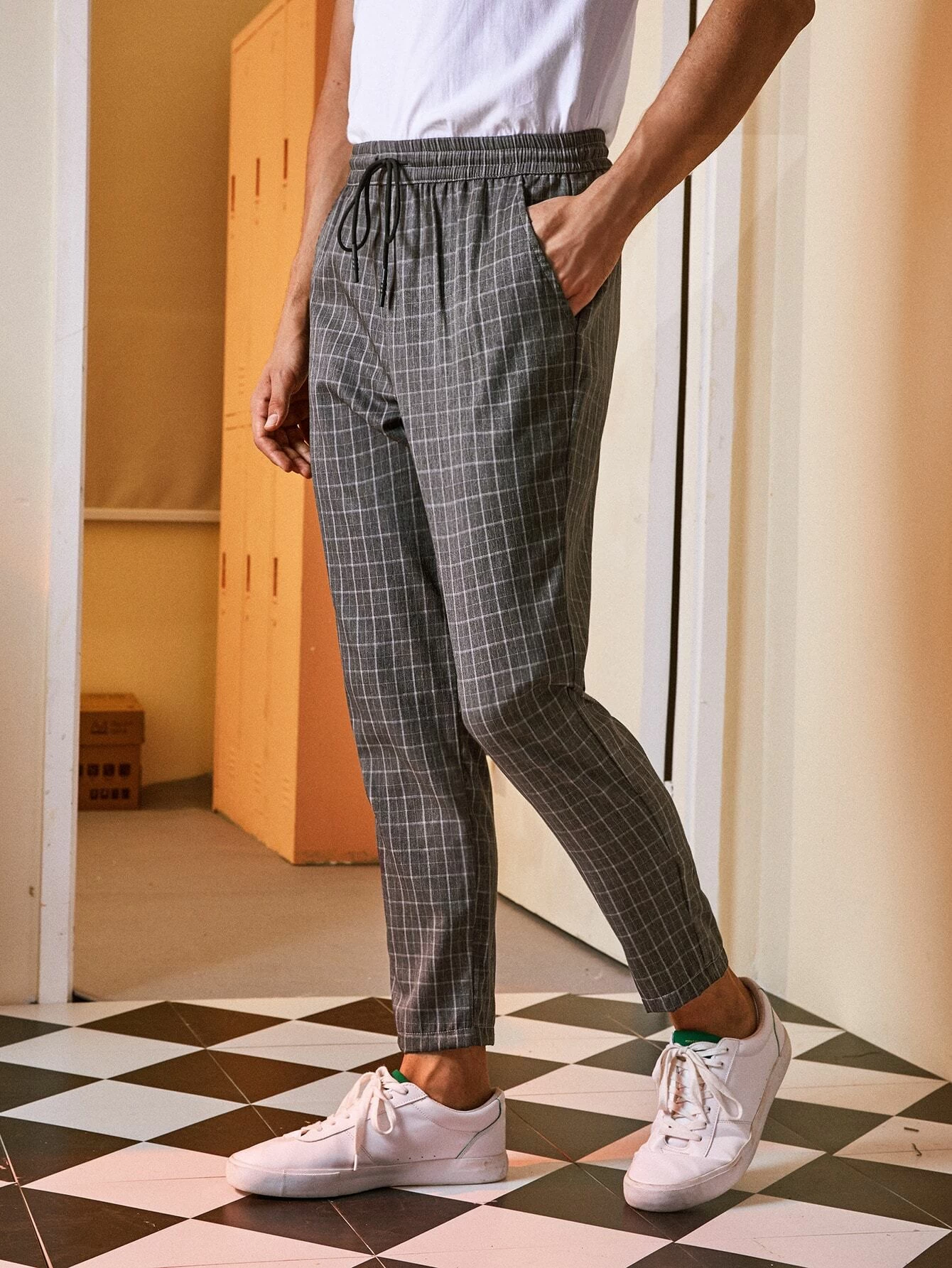 plaid drawstring pants mens