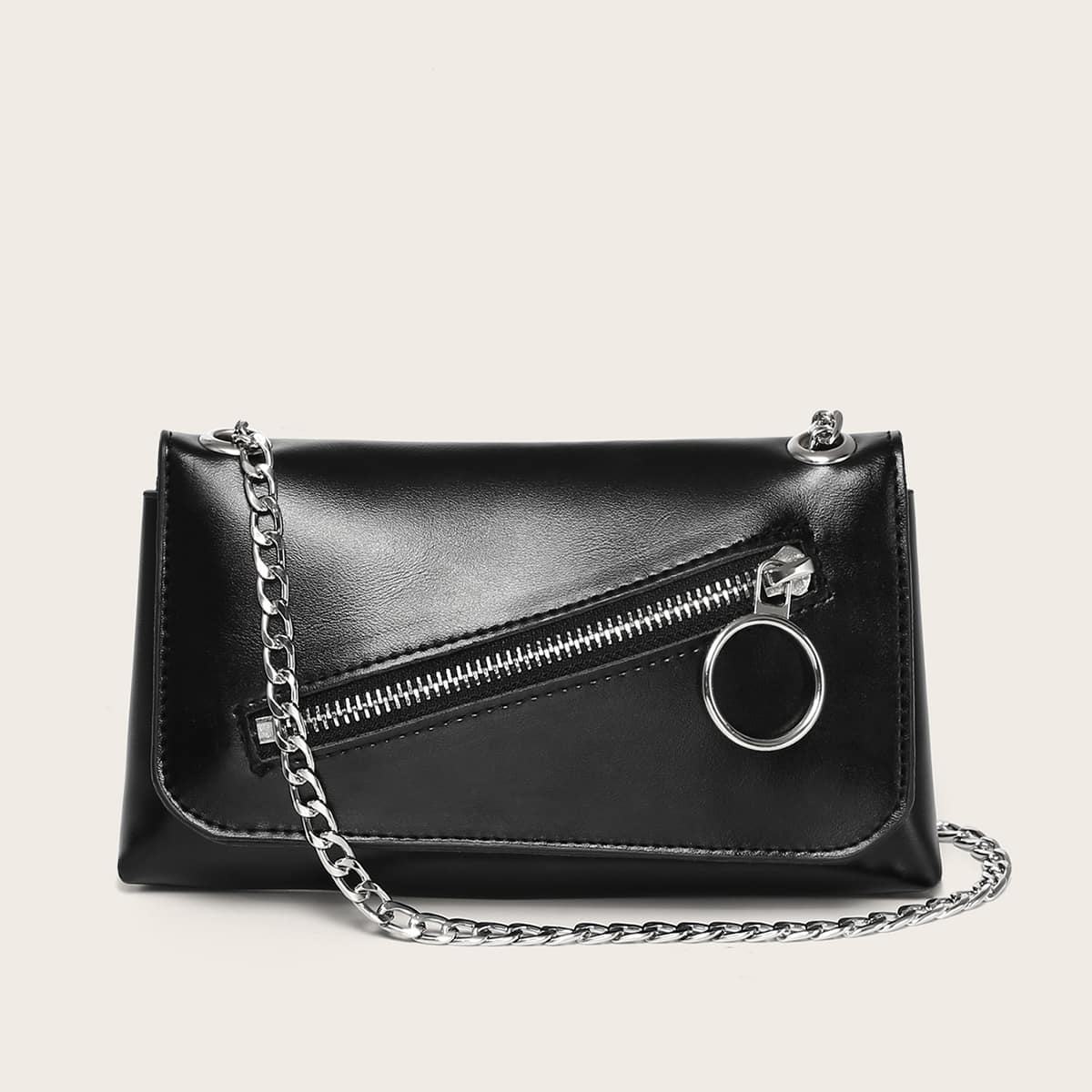 

Zipper Decor Chain Crossbody Bag, Black