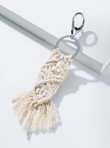 Braided Tassel Charm Keychain - White - View 2