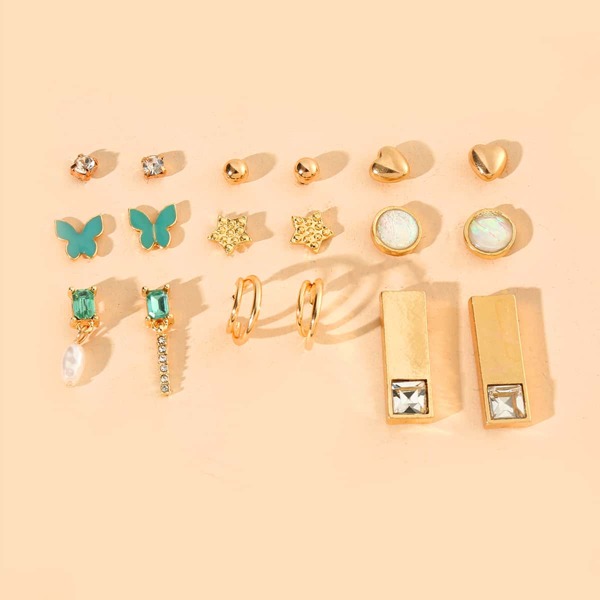 

9pairs Rhinestone Engraved Earrings, Gold