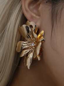 水鑽花朵耳環 - 金黃色 - 查看 3