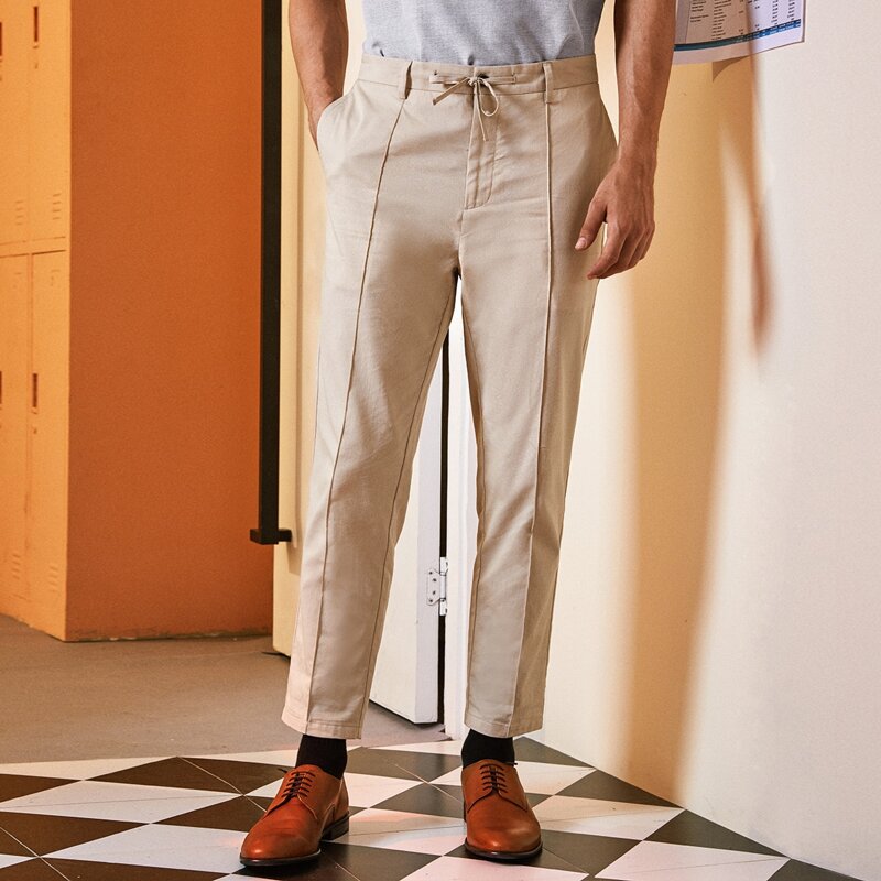 

Men Tie Front Slant Pocket Tailored Pants, Apricot