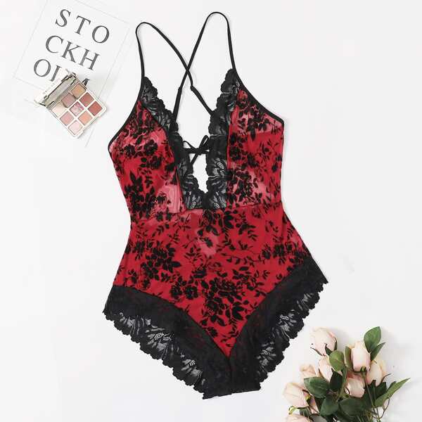 

Plus Floral Flocked Velvet Teddy Bodysuit, Red
