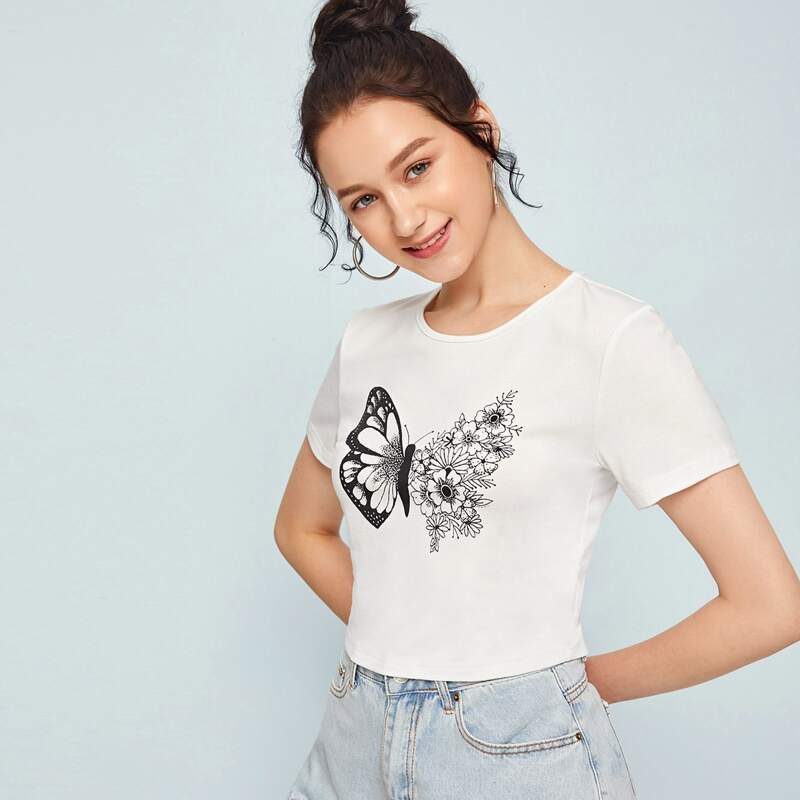 

Butterfly & Flower Graphic Tee, White