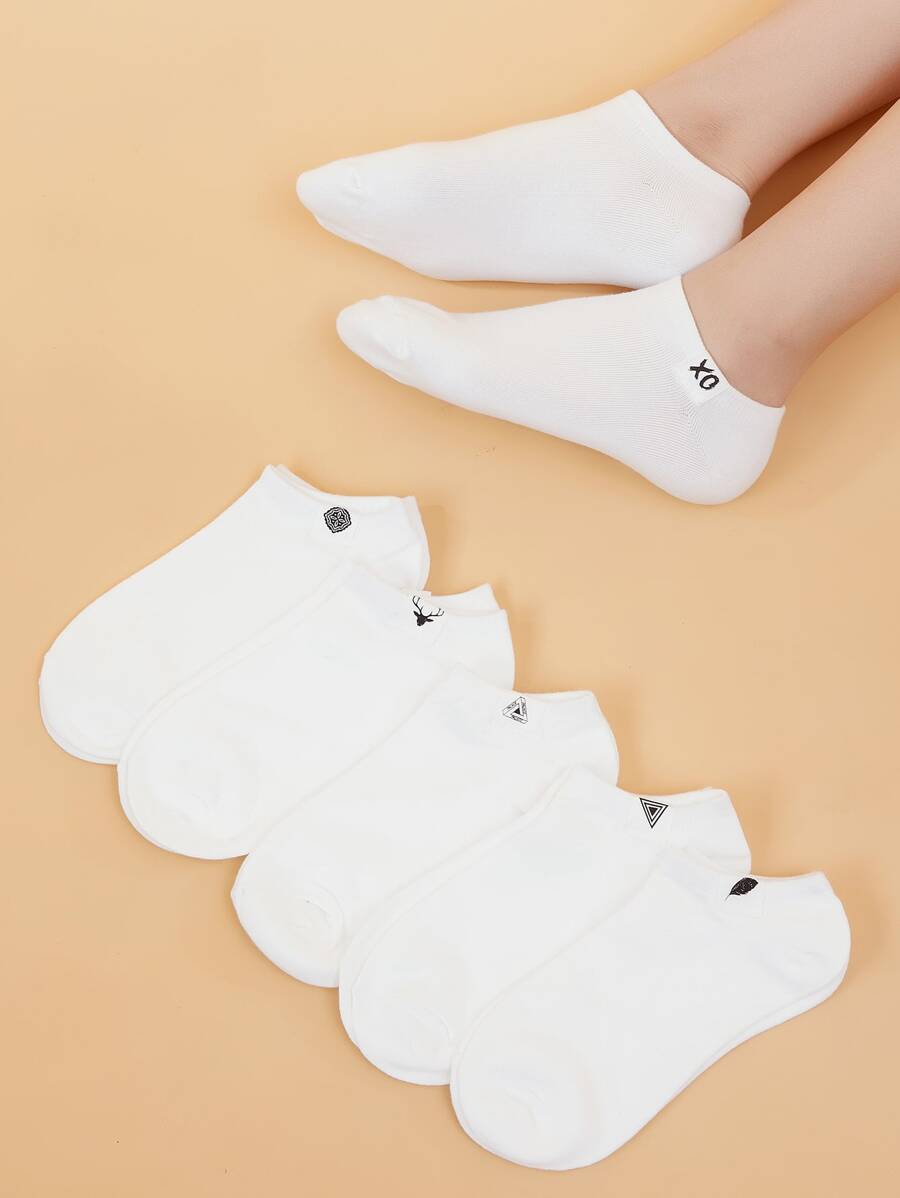 6pairs Letter & Triangle Pattern Patched White Socks - White - View 1