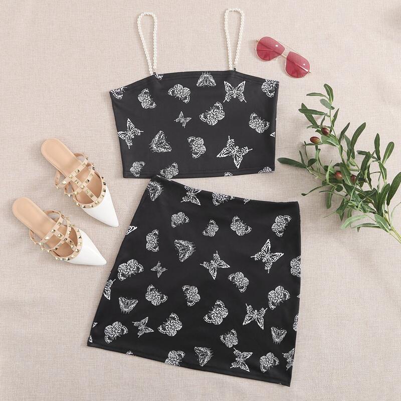 

Butterfly Print Faux Pearl Straps Cami & Skirt, Black