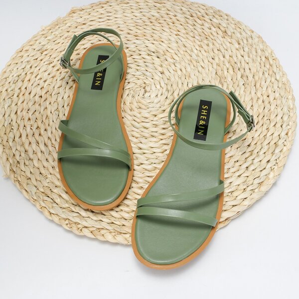 

Open Toe Thin Strap Flat Sandals, Green