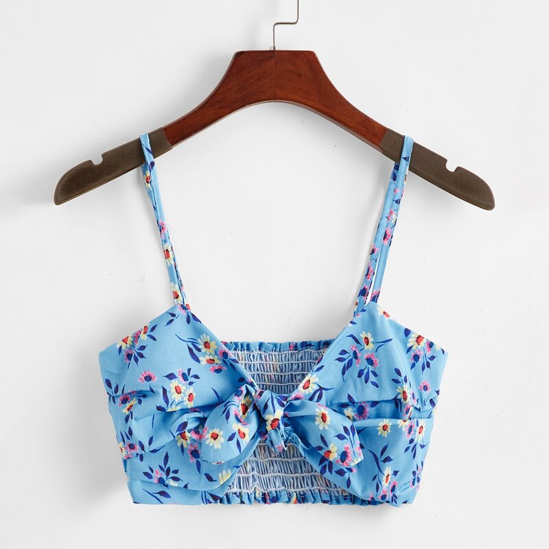 

Floral Tie Front Crop Top, Blue
