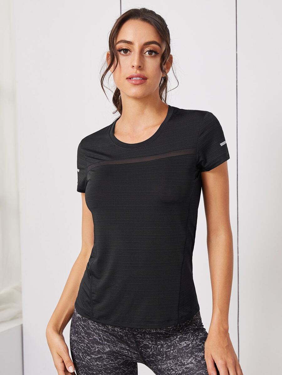 SHEIN Running Mesh Insert Sports Tee - Black - View 1