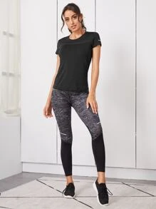 SHEIN Running Mesh Insert Sports Tee - Black - View 3