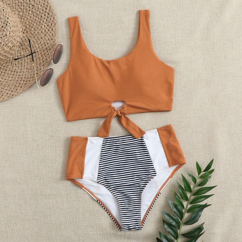 

Striped Knot Hem High Waisted Bikini Swimsuit, Multicolor