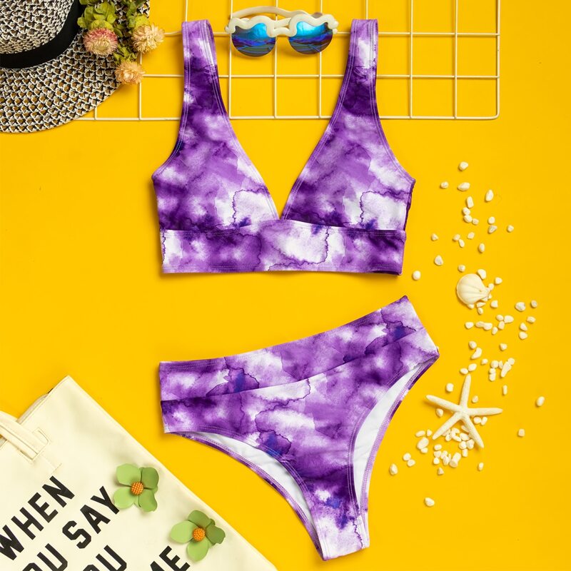Tie Dye High Waisted Bikini Swimsuit, Purple
