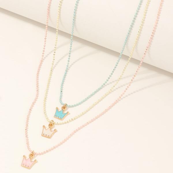 

3pcs Girls Crown Charm Necklace, Multicolor