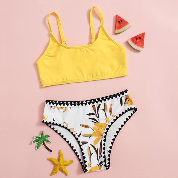 

Girls Plant Print Whip Stitch Bikini Swimsuit, Yellow