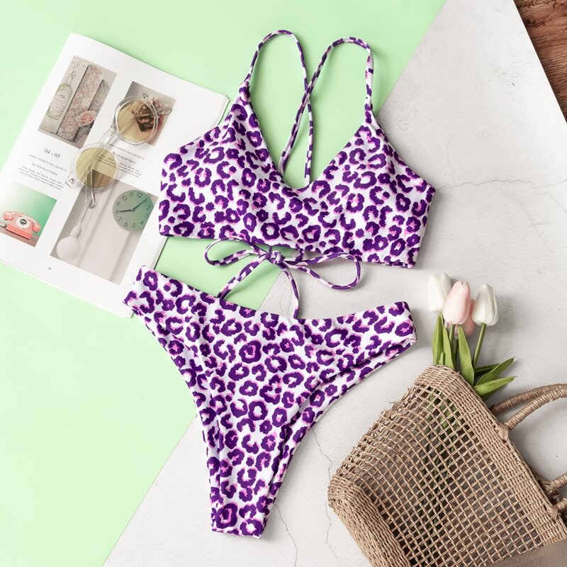 

Leopard Criss Cross Bikini Swimsuit, Violet purple