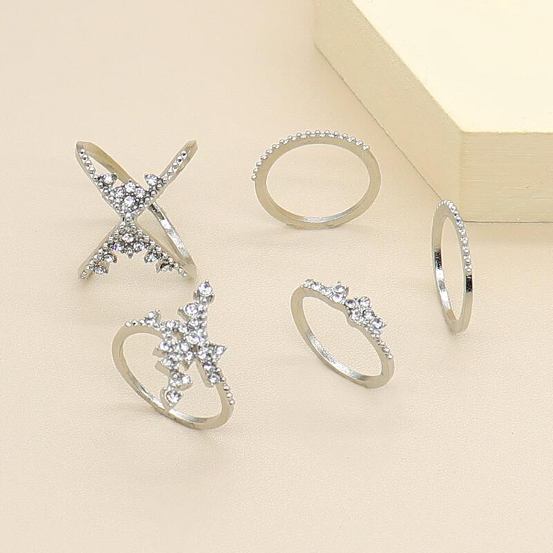 

5pcs Rhinestone Engraved Ring, Silver