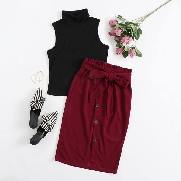 

Turtle Neck Tank Top & Paperbag Waist Buttoned Front Skirt Set, Multicolor